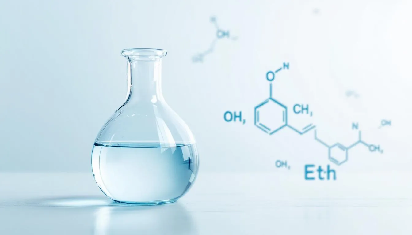 A close-up of a laboratory flask filled with a clear liquid, representing ethyl alcohol.