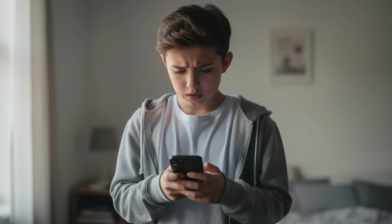 A concerned teenager is looking at their phone, possibly researching symptoms of diphenhydramine overdose or seeking help related to severe side effects like trouble breathing or hallucinations. Their expression reflects anxiety about the potential dangers of high doses of Benadryl and the importance of contacting a local poison control center for guidance.