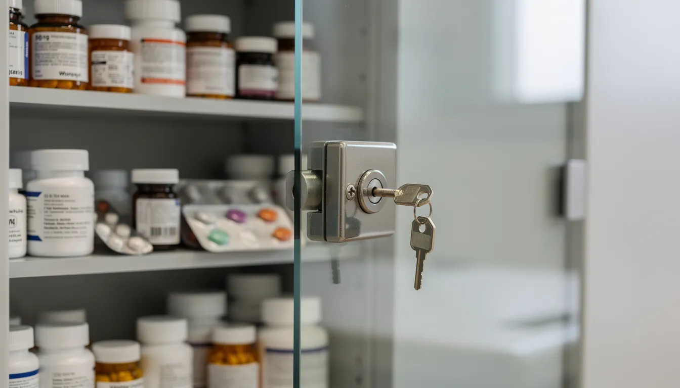 The image shows a locked cabinet containing various medications, including diphenhydramine, which is commonly used for treating seasonal allergies and motion sickness. Proper storage is essential to prevent diphenhydramine overdose and ensure safety, especially for children.