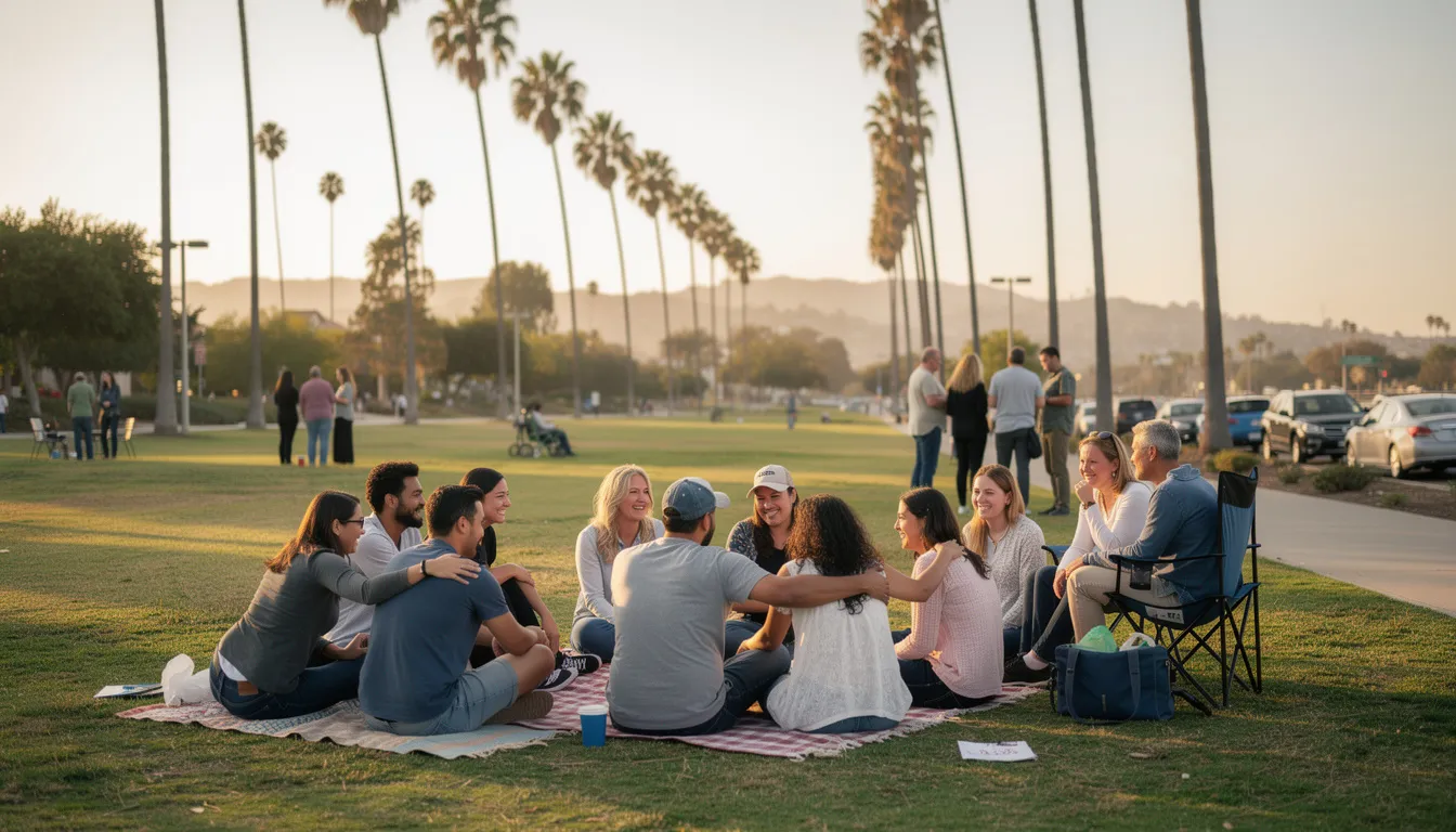 A diverse group of individuals gathers outdoors in a supportive environment in Orange County, sharing their recovery journeys and fostering connections. This gathering emphasizes the importance of community in addiction treatment and mental health support, highlighting the ongoing recovery process for those facing substance use disorders and co-occurring mental health challenges.