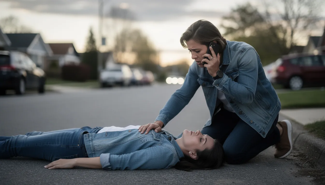 A person is urgently making a phone call for help while checking on someone who appears to be lying down and possibly experiencing severe symptoms of a diphenhydramine overdose, such as trouble breathing or altered mental status. The scene conveys a sense of urgency as they seek assistance from a local poison control center or emergency room.