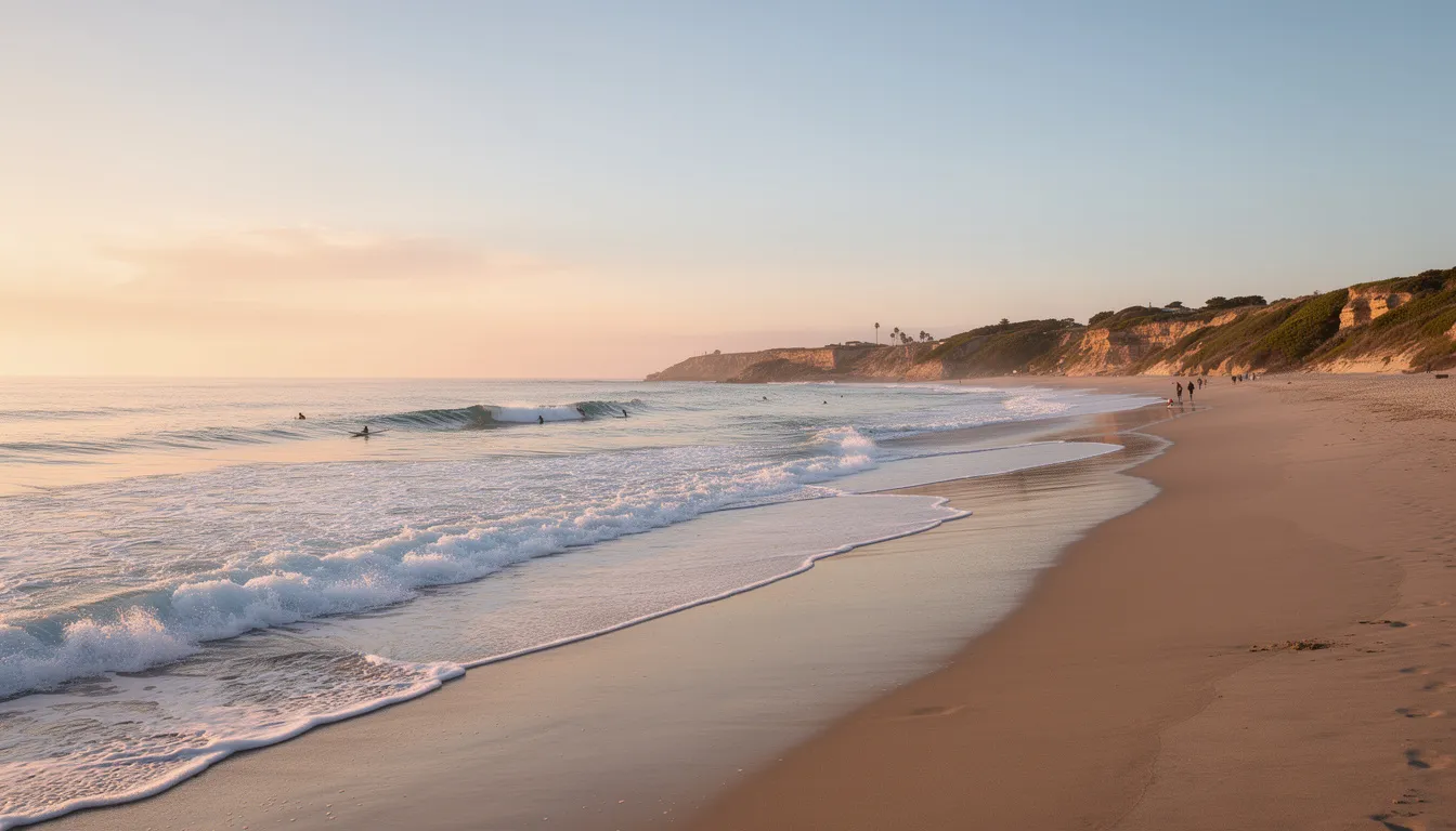 The image depicts a tranquil Orange County coastline, where gentle waves lap against sandy beaches, creating a peaceful atmosphere ideal for healing. This serene environment symbolizes the journey of recovery, offering a supportive backdrop for addiction treatment and mental health services.