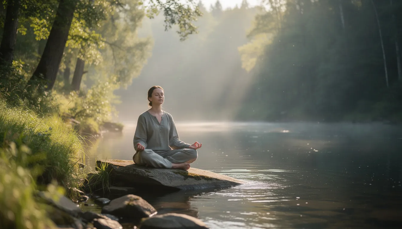 A person sits cross-legged in a serene natural environment, practicing meditation amidst lush greenery and soft sunlight filtering through the trees. This peaceful scene promotes a sense of calm and mindfulness, which can aid in the detoxification process for regular cannabis users seeking to improve their overall health and well-being.