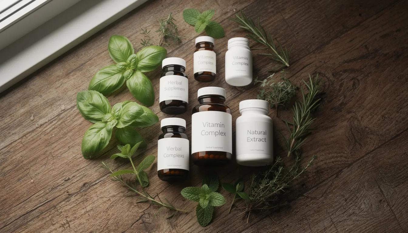The image features a variety of supplement bottles alongside fresh herbs, all arranged on a wooden surface, suggesting a focus on health and wellness. This scene could represent the detoxification process, emphasizing natural aids like green tea and milk thistle for supporting liver health and removing toxins from the body.