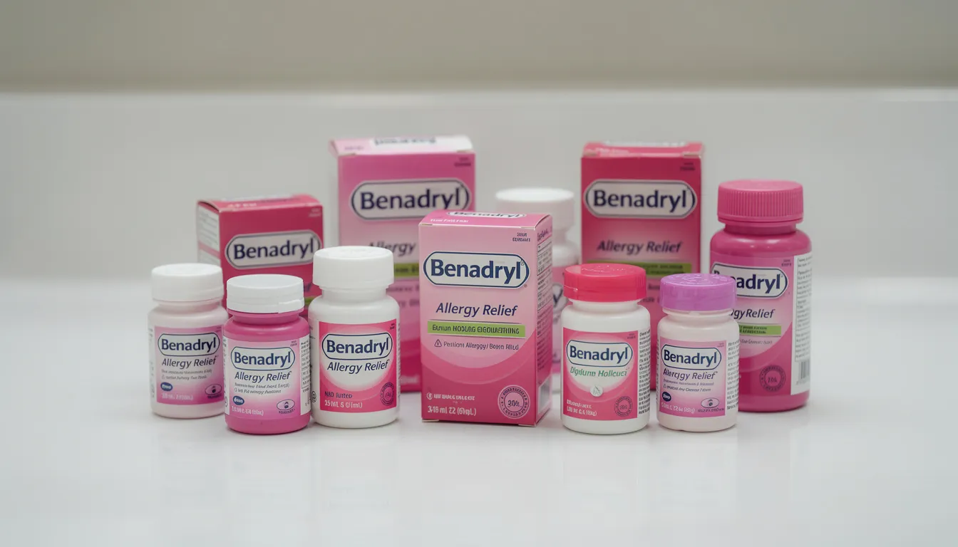 The image shows various Benadryl medication bottles and packages arranged on a counter, highlighting the first-generation antihistamine diphenhydramine, commonly used for seasonal allergies and motion sickness. It's important to be aware of potential overdose symptoms, such as severe sedation or even serious heart problems, especially in children and teenagers.