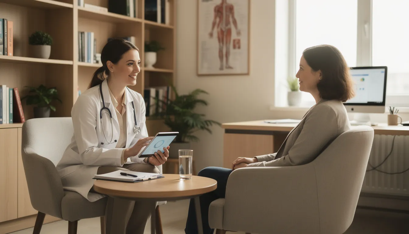 A healthcare professional is consulting with a patient in a comfortable office setting, discussing the detoxification process for marijuana users. The conversation may include topics such as drug tests, withdrawal symptoms, and the importance of a healthy diet to support liver health during detox.