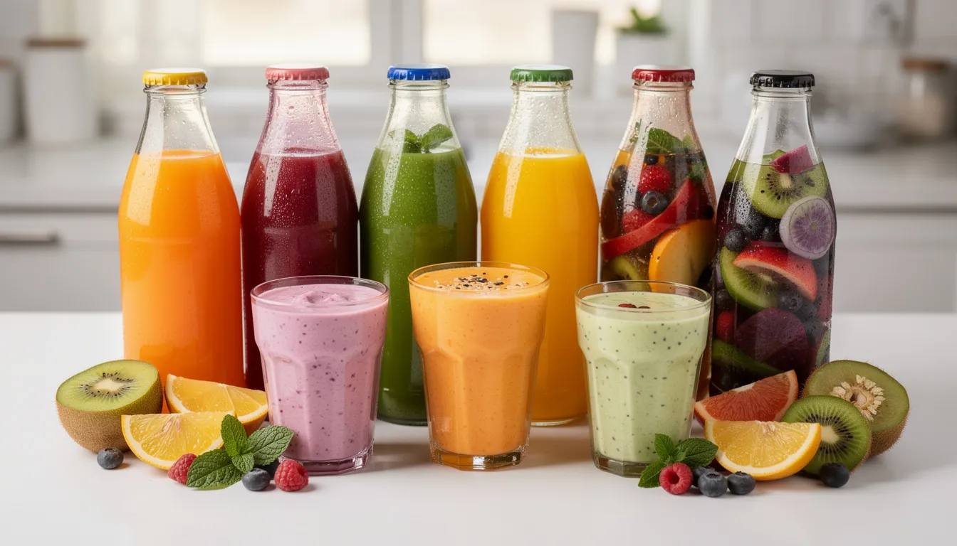The image features a vibrant assortment of fresh juice bottles and smoothie glasses, showcasing a variety of colors and ingredients such as fruits and vegetables. These beverages are often part of detox diets, promoting health benefits like weight loss and liver cleanses while supporting a balanced diet.