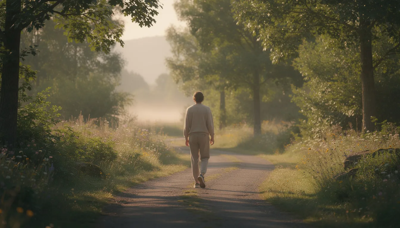 A serene outdoor scene features a person walking along a tranquil path, surrounded by lush greenery and gentle sunlight filtering through the trees. This peaceful setting symbolizes the journey towards recovery and the importance of seeking professional help for alcohol withdrawal and addiction treatment.
