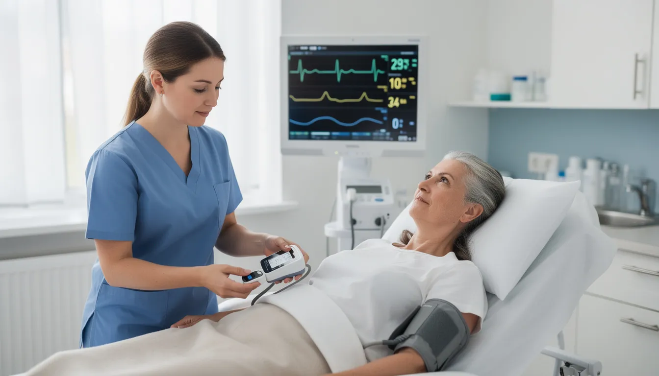 A healthcare provider is checking the vital signs of a patient in a clinical setting, ensuring their overall health during alcohol detox. This professional monitors for potential alcohol withdrawal symptoms, which can include severe withdrawal symptoms such as rapid heart rate and high blood pressure.
