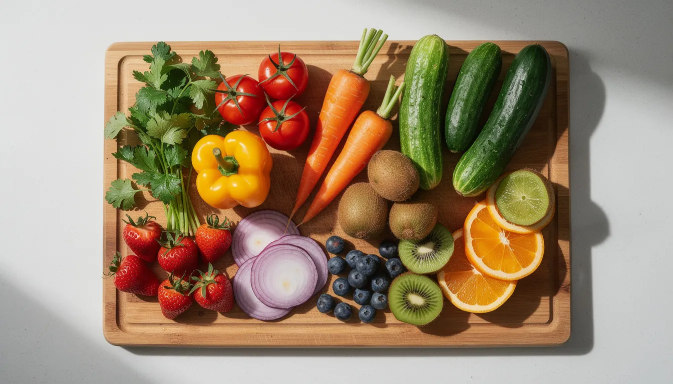A vibrant assortment of fresh vegetables and fruits, including leafy greens, bright peppers, and juicy berries, is beautifully arranged on a wooden cutting board, symbolizing a healthy diet and the importance of detoxification to rid the body of harmful toxins. This colorful display highlights the benefits of incorporating nutrient-rich foods into your eating plan for weight loss and overall well-being.