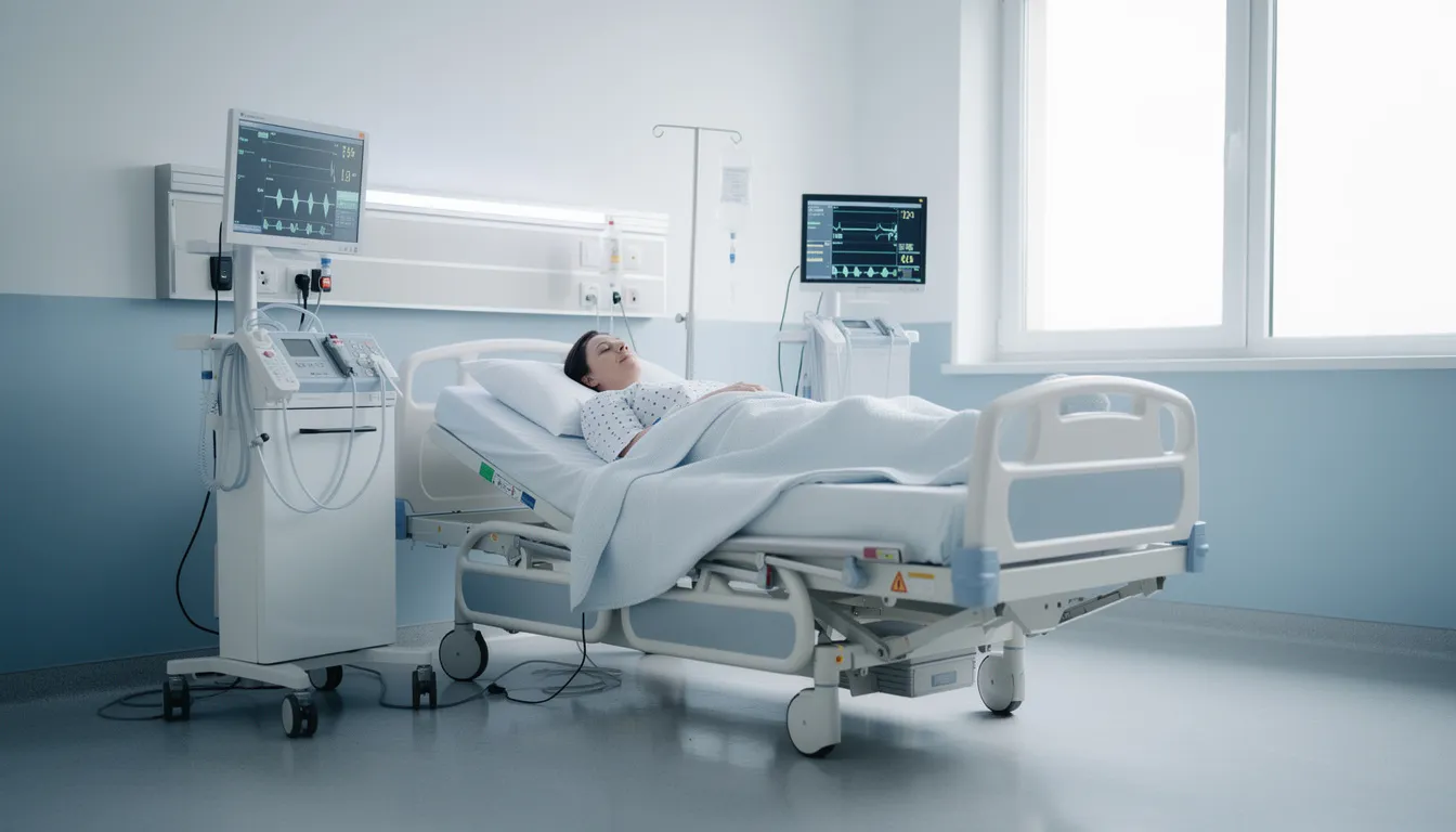 A person is resting in a calm, clinical medical environment, surrounded by monitoring equipment, which suggests they may be undergoing treatment for alcohol withdrawal symptoms. The setting reflects a focus on medical detox, highlighting the importance of professional help in managing severe withdrawal symptoms associated with alcohol use disorder.