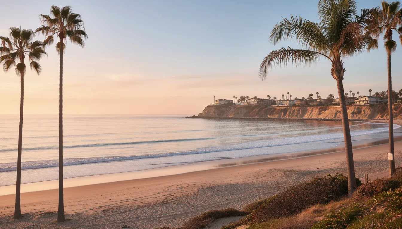 A serene coastal view of Orange County features tall palm trees swaying gently against the backdrop of calm Pacific Ocean waters, creating a peaceful atmosphere. This picturesque setting symbolizes the supportive environment offered by local detox centers that aid individuals on their recovery journey from substance use disorders.