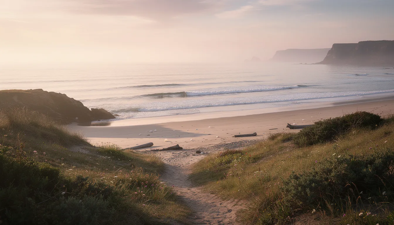 The image depicts a serene coastal landscape with expansive ocean views, surrounded by lush greenery and gentle waves lapping at the shore, creating a peaceful atmosphere. This tranquil scene may evoke feelings of calmness, contrasting with the distressing experience of antidepressant withdrawal symptoms such as anxiety and mood changes.