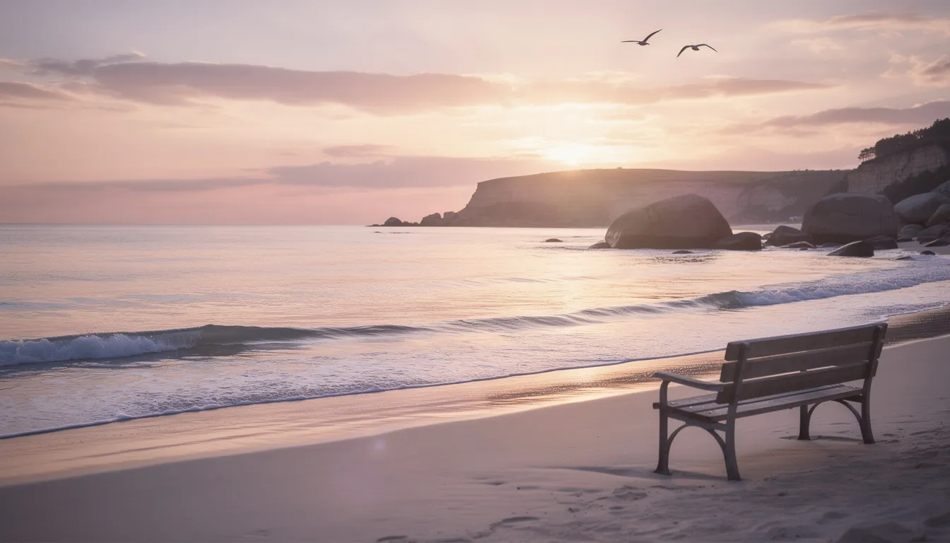 The image depicts a serene coastal sunset, with vibrant hues of orange and pink reflecting on calm waters, symbolizing hope and healing. The tranquil scene evokes a sense of peace, contrasting with the potential side effects of meloxicam, such as stomach pain and serious allergic reactions, reminding viewers of the importance of health and well-being.