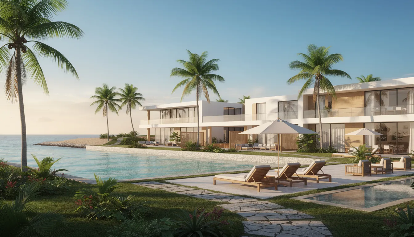 The image depicts a serene oceanside rehabilitation facility featuring modern architecture surrounded by lush palm trees, creating a peaceful environment for addiction treatment. This facility offers various rehab programs, including outpatient and inpatient services, aimed at supporting individuals in their recovery journey.