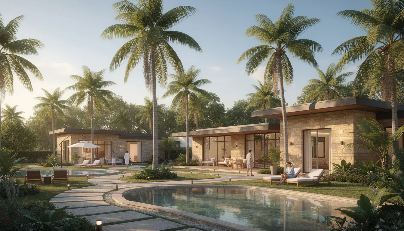 The image depicts a tranquil luxury rehabilitation facility surrounded by palm trees and inviting outdoor spaces, providing a serene environment for individuals undergoing substance abuse treatment. This peaceful setting is ideal for those seeking recovery from issues like gabapentin addiction or withdrawal symptoms, promoting relaxation and healing.