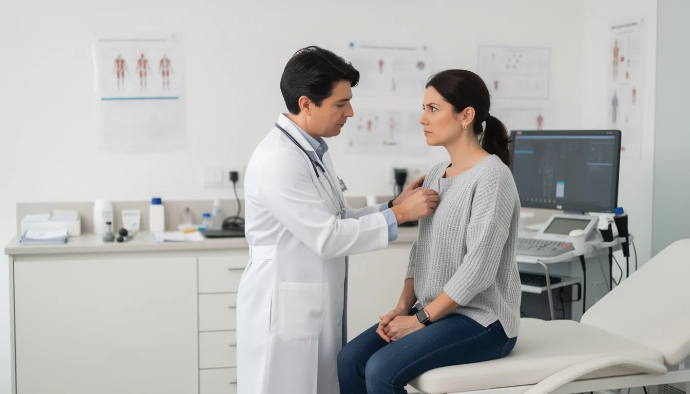 A medical professional is examining a patient in a clinical setting, possibly discussing symptoms like chest pain or severe stomach pain. The healthcare provider may be conducting blood and urine tests to monitor for any serious side effects of meloxicam, including potential allergic reactions or gastrointestinal issues.