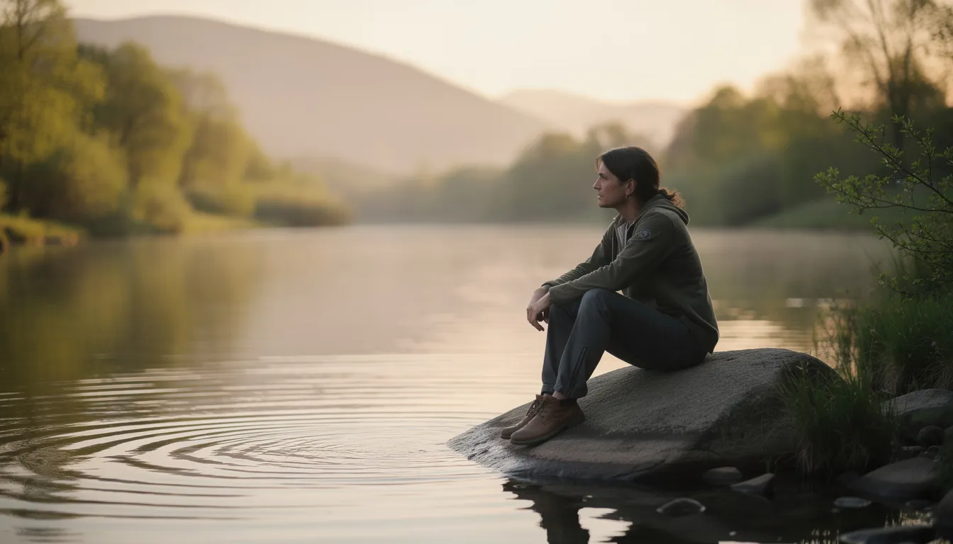A person sits quietly in a serene natural environment, appearing contemplative and reflective, possibly experiencing the withdrawal effects associated with discontinuing antidepressants. The peaceful setting contrasts with the potential challenges of antidepressant withdrawal symptoms, such as mood changes and anxiety.