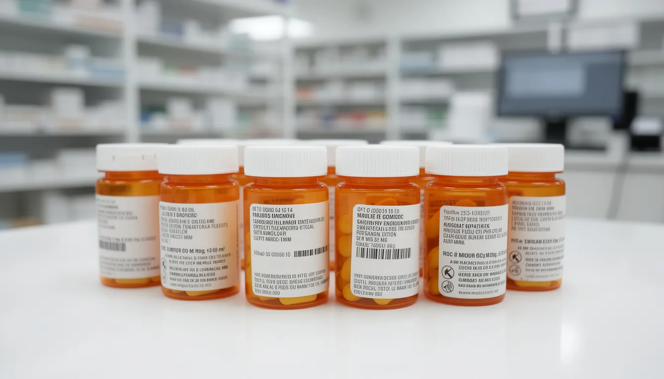 The image shows several prescription medication bottles lined up on a pharmacy counter, highlighting various medications, including gabapentin, which is commonly used to treat nerve pain and epilepsy. This setting may raise questions about gabapentin's potential for addiction and withdrawal symptoms, emphasizing the importance of proper medical guidance and awareness of its effects.