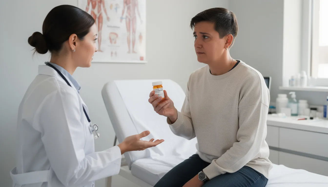 A person is seen holding a prescription medication bottle while discussing their health concerns with a healthcare provider. The consultation may involve topics such as the side effects of meloxicam, including serious skin reactions, stomach pain, and the need for blood and urine tests.