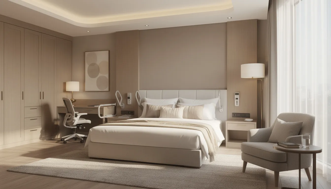 The image depicts a comfortable private bedroom within a luxury rehabilitation facility, featuring elegant furnishings and soft lighting, designed to provide a serene environment for individuals undergoing addiction treatment. This setting emphasizes the importance of a peaceful atmosphere in rehab programs, which can significantly enhance the recovery process for those seeking help for substance use disorders.