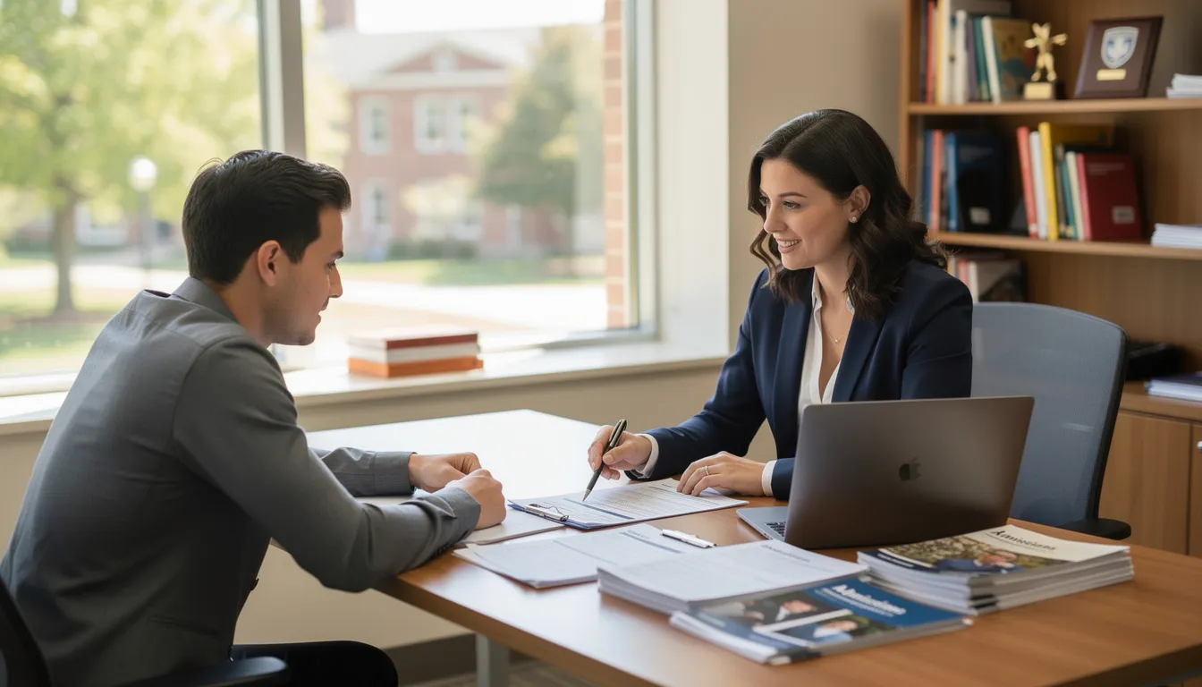 The image depicts a person sitting across from an admissions counselor, both focused on reviewing paperwork related to addiction treatment options. This scene highlights the importance of understanding rehab costs, insurance coverage, and available treatment programs for those seeking help with substance use disorders.
