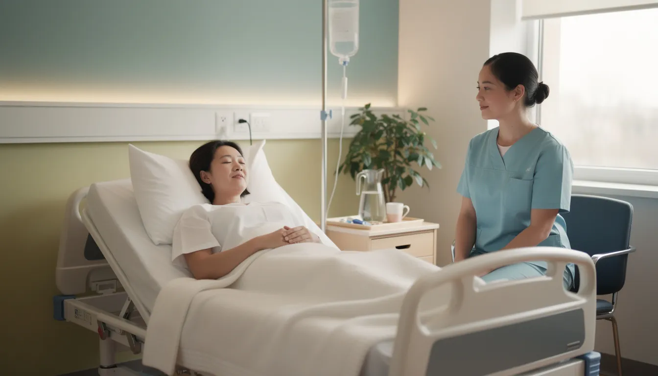 The image depicts a person resting comfortably in a medical setting, surrounded by supportive care, indicative of a space designed for recovery from conditions like nerve pain or epilepsy. This environment emphasizes the importance of medical attention for those experiencing withdrawal symptoms from substances like gabapentin, which can lead to significant withdrawal symptoms if stopped suddenly.