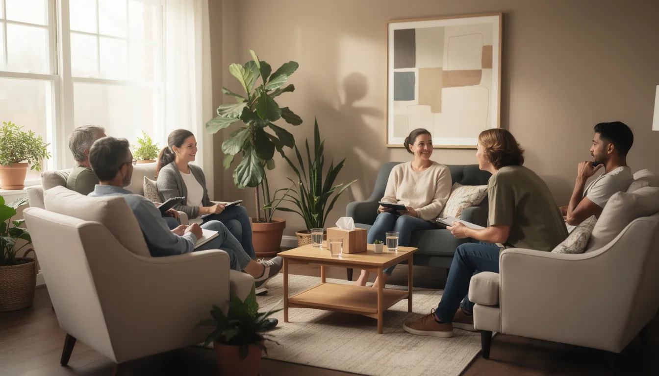 The image depicts a group therapy session taking place in a bright, comfortable room, where individuals are engaged in discussion, fostering a supportive environment for addiction treatment. This setting is ideal for outpatient rehab programs, emphasizing the importance of group support in the recovery process.