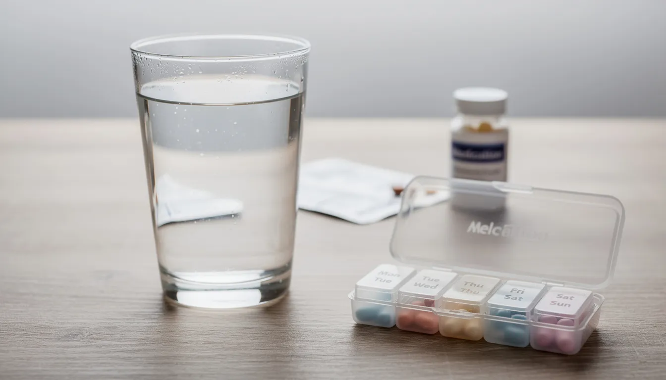 The image shows a clear glass of water resting on a wooden table, symbolizing the importance of hydration and medication safety. It serves as a reminder to be aware of the potential side effects of meloxicam, such as stomach pain or serious allergic reactions, and to consult a healthcare provider if any warning signs arise.