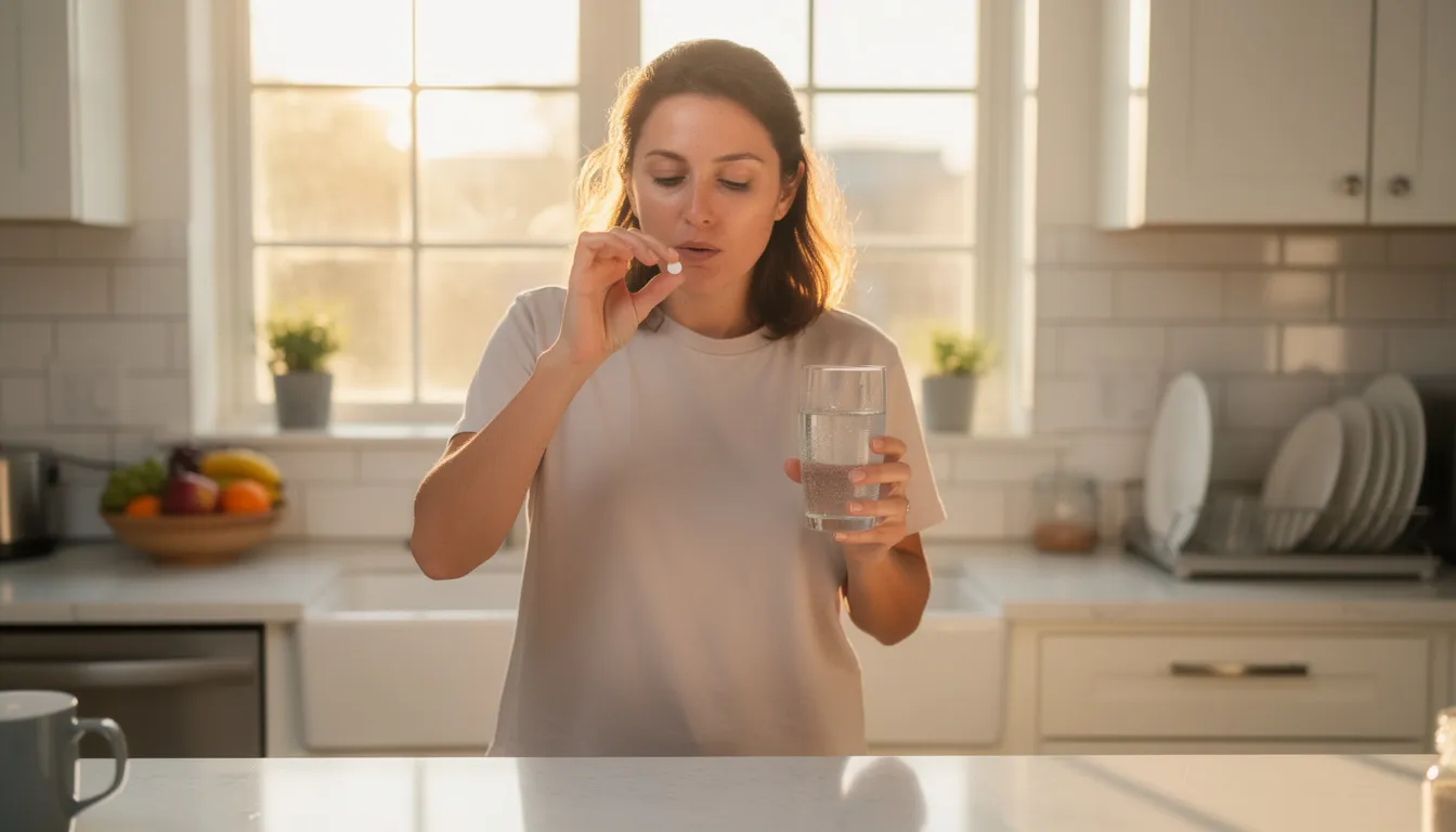 In a bright kitchen, a person is taking their morning medication with a glass of water, possibly a stimulant medication like amphetamine salts, which is commonly used to treat attention deficit hyperactivity disorder (ADHD). The setting emphasizes a routine that may involve monitoring for any potential drug interactions or side effects.