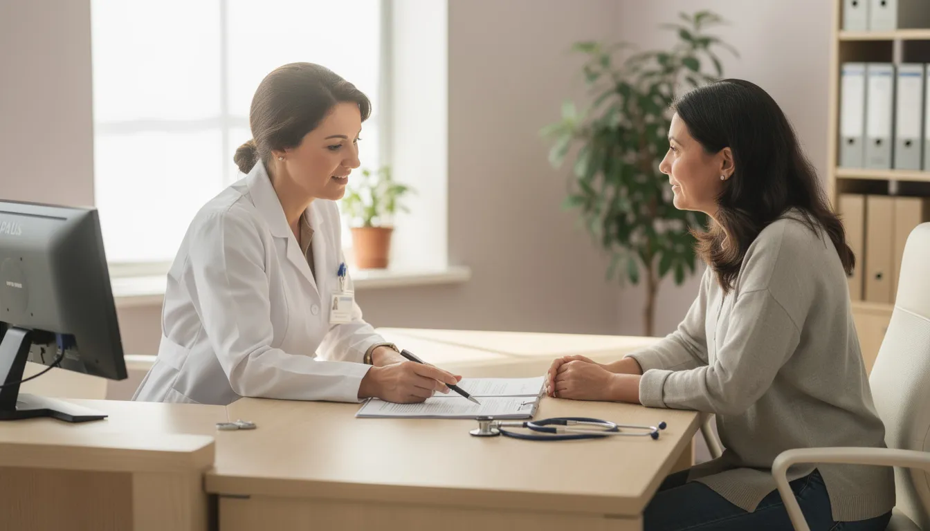 A healthcare professional is seated across from a patient in a calm office setting, reviewing important documents related to the patient's mental health, possibly discussing antidepressant withdrawal symptoms and the process of safely discontinuing antidepressants. The atmosphere is supportive, emphasizing the importance of addressing any withdrawal effects as part of the patient's care plan.