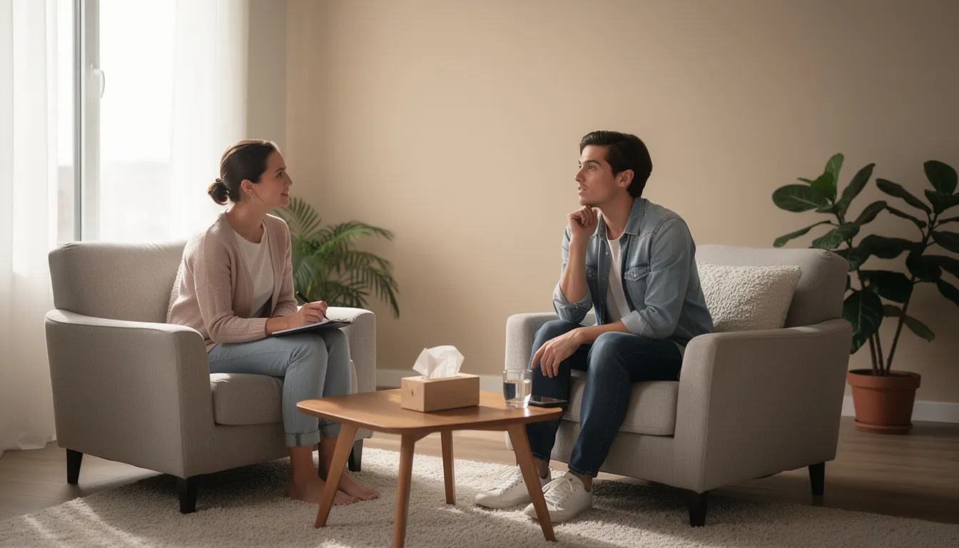 A person is seated across from a therapist in a comfortable, well-lit treatment room, engaging in a conversation about alcohol addiction treatment and the symptoms of alcohol withdrawal. The warm atmosphere suggests a supportive environment for discussing the challenges of alcohol use disorder and the journey toward recovery.