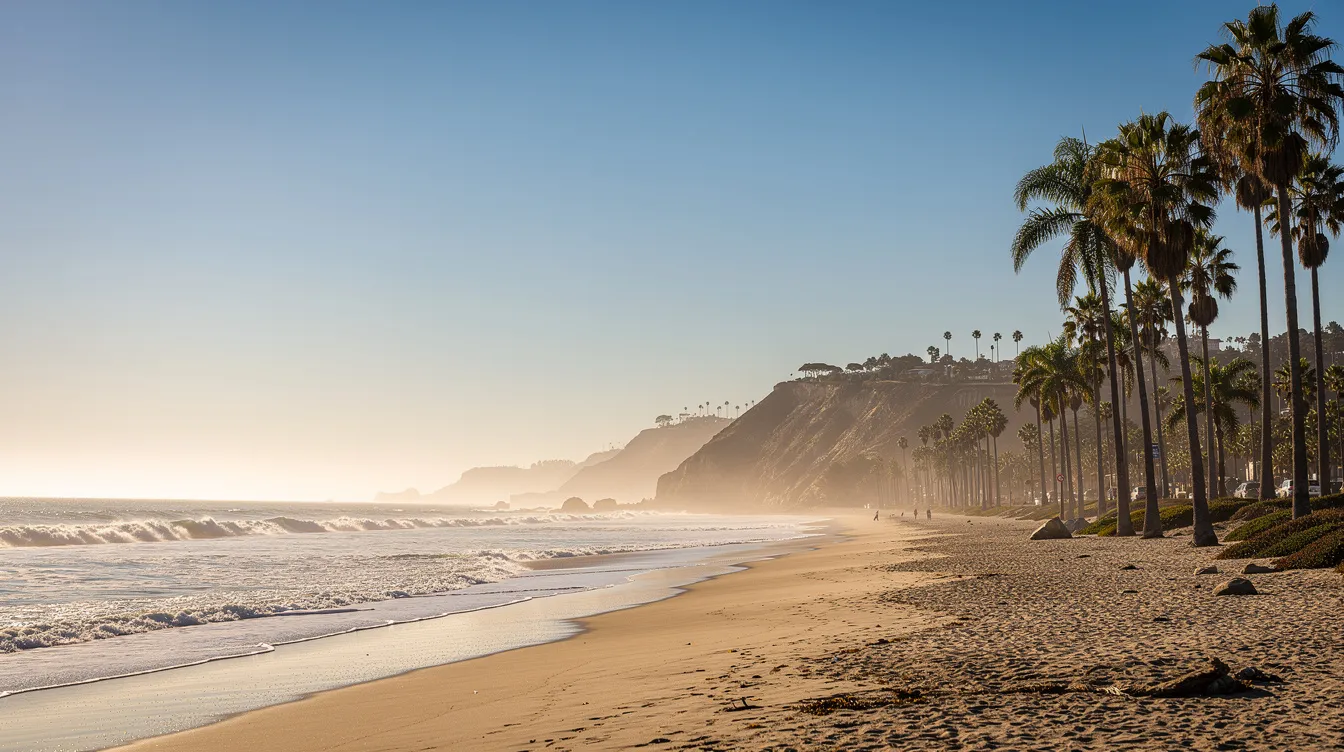 The image depicts a tranquil California coastal landscape featuring tall palm trees swaying gently against a backdrop of a clear blue sky, creating a peaceful atmosphere ideal for recovery and reflection. Such serene environments are often sought after in addiction treatment programs, where nature plays a key role in healing and support.