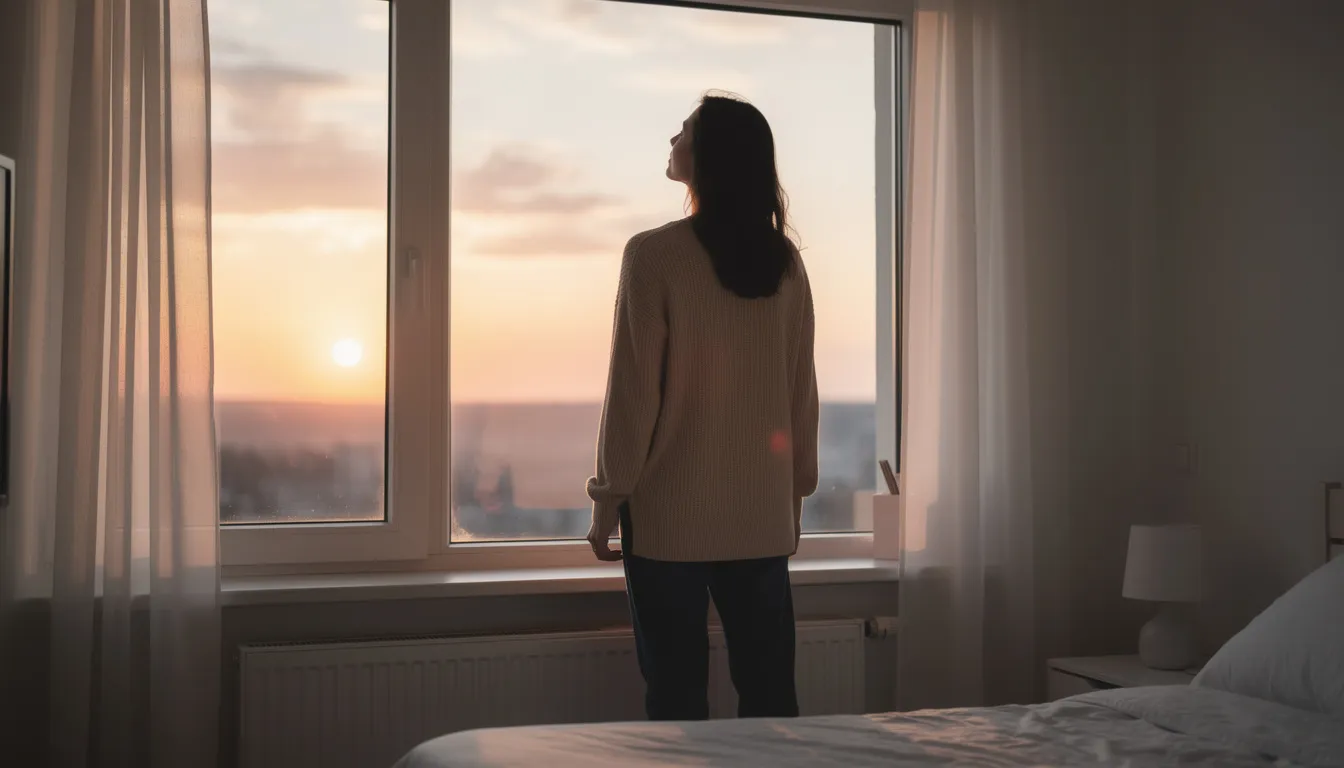 A person stands at a window, gazing at a serene sunrise that symbolizes hope and new beginnings, contrasting the struggles of alcohol withdrawal symptoms. This moment reflects the journey of overcoming alcohol dependence and the potential for recovery and renewal.