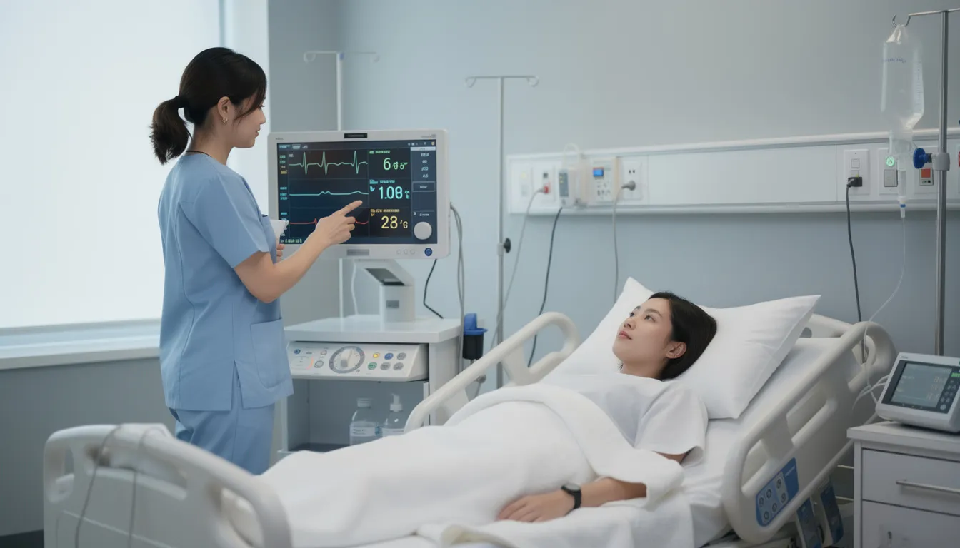 In a calm clinical setting, a medical professional is attentively monitoring a patient's vital signs, which may be crucial for assessing symptoms of alcohol withdrawal, including potential severe withdrawal symptoms and seizure risk. The environment reflects a focus on patient care and the management of alcohol use disorder.
