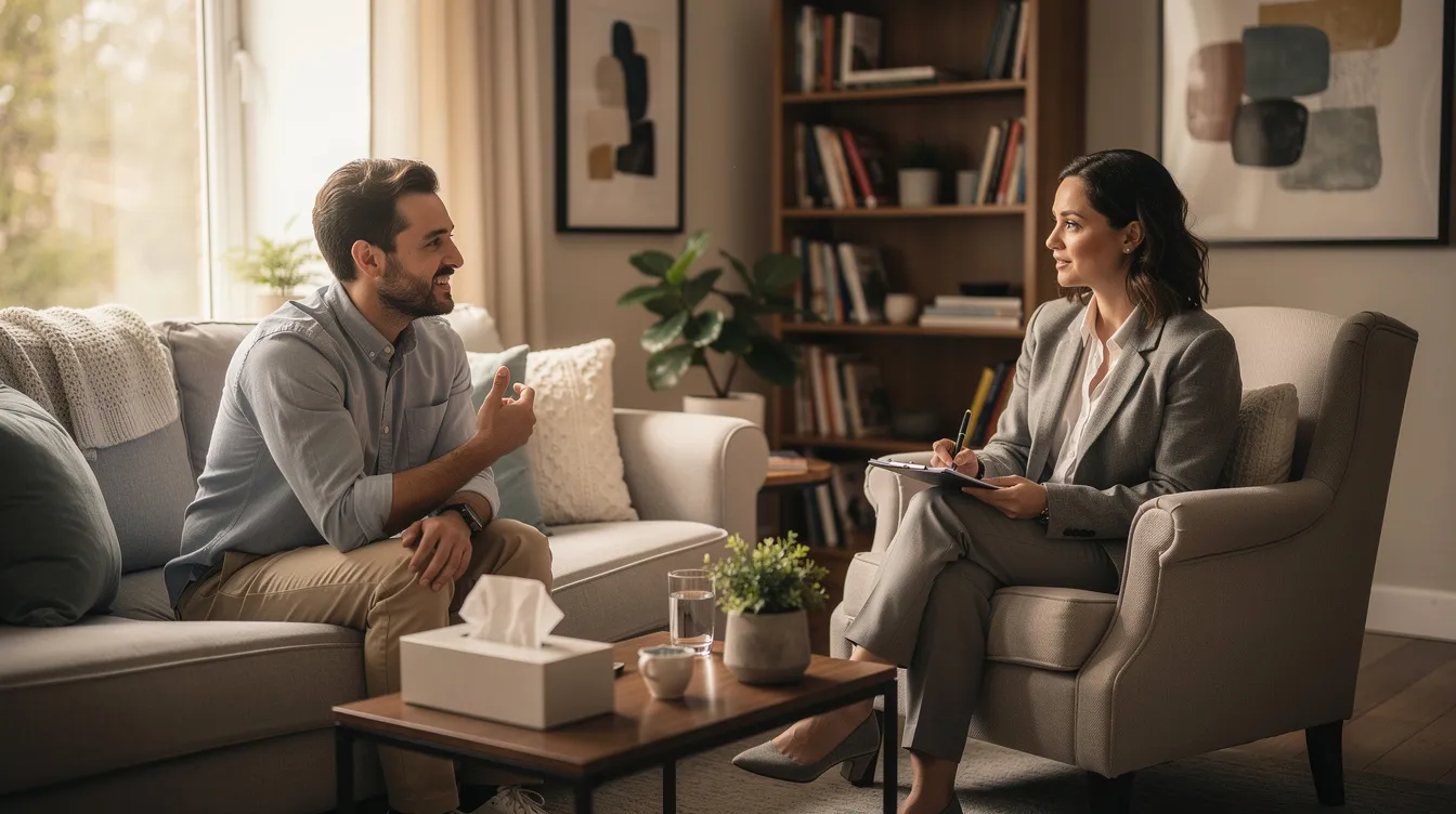 The image depicts two individuals engaged in a comfortable therapy session, seated in a cozy room designed for addiction treatment. This setting emphasizes a supportive environment, ideal for discussing recovery and the benefits of various treatment options, including programs that may be covered by Aetna insurance.