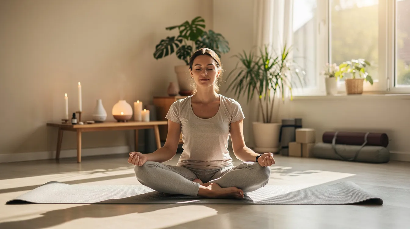 A serene wellness setting features a person practicing meditation or yoga, surrounded by calming elements that promote mental health and recovery. This peaceful environment reflects the importance of mindfulness in addiction treatment and mental health services.