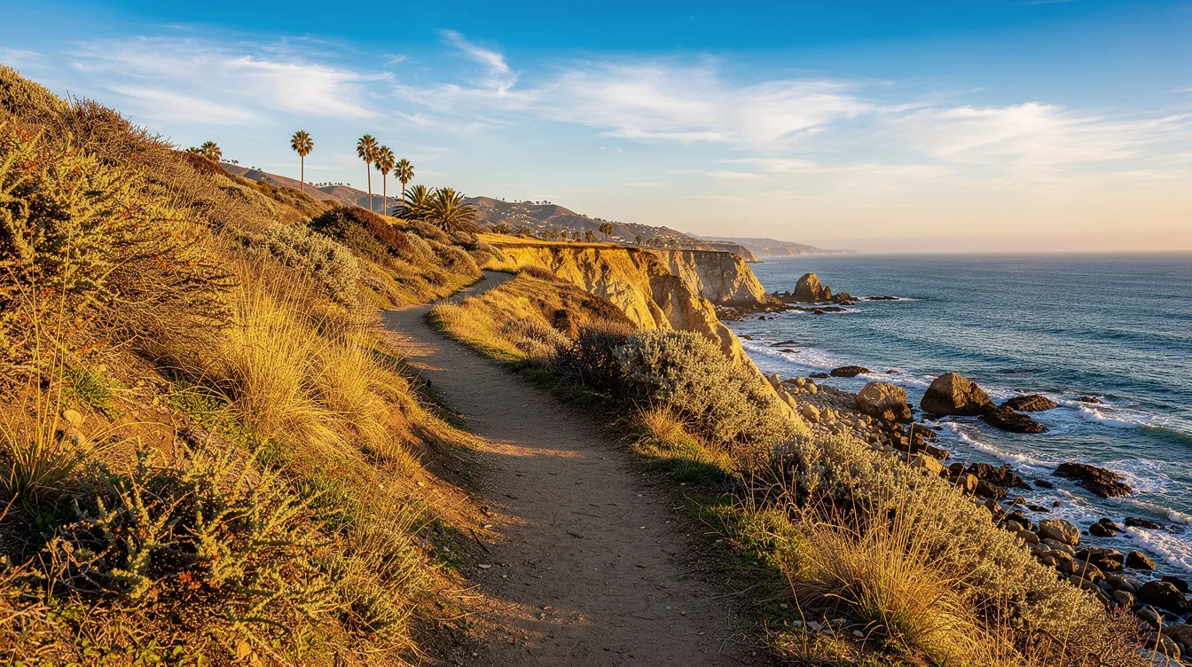 The image depicts a stunning hiking trail in Southern California, featuring breathtaking ocean views and lush natural scenery. This serene environment can be a vital part of the healing process for individuals seeking recovery from drug and alcohol addiction, providing a peaceful backdrop for reflection and personal growth.