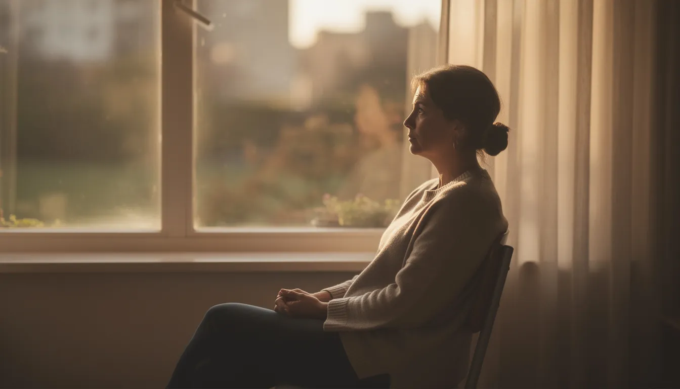 A person sits peacefully by a window, appearing tired but contemplative, reflecting the emotional and physical challenges of alcohol withdrawal symptoms. This moment captures the profound fatigue often experienced during the recovery process from alcohol dependence, highlighting the importance of support networks and mental health services in maintaining long-term sobriety.