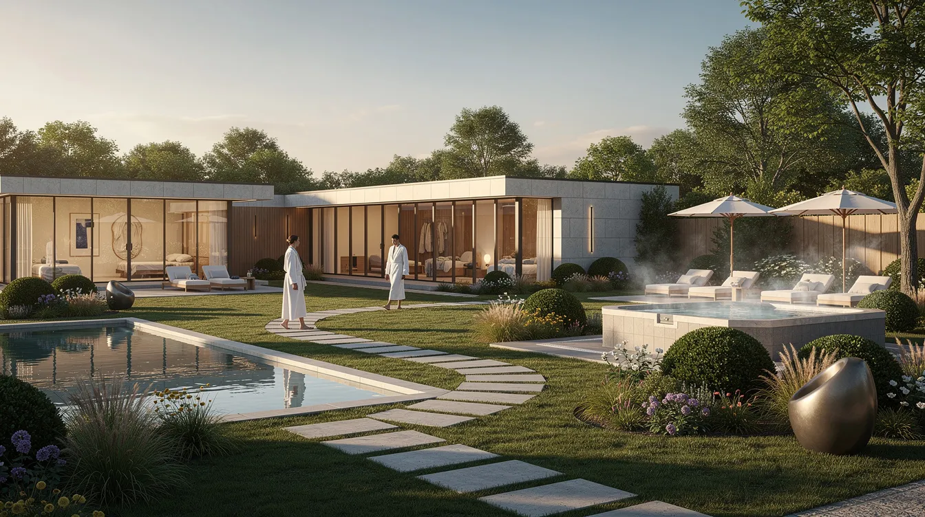 The image depicts a modern luxury wellness facility featuring beautifully landscaped grounds, designed to provide a serene environment for patients undergoing addiction treatment. This center offers various programs, including partial hospitalization, and accepts Aetna insurance, ensuring comprehensive support for recovery.