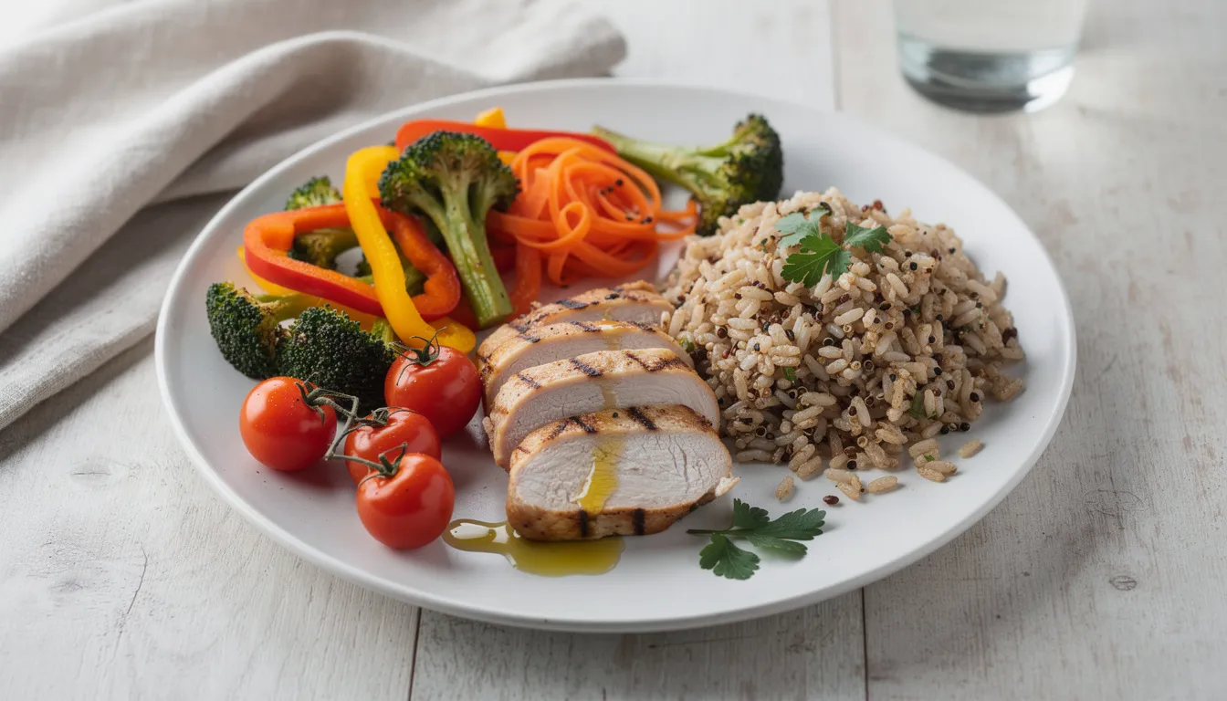 A colorful plate features a variety of healthy vegetables, lean protein, and whole grains, promoting balanced nutrition that can help boost energy levels and support the recovery process from alcohol withdrawal symptoms. This meal embodies a commitment to overall health and well-being, essential in maintaining long-term sobriety.