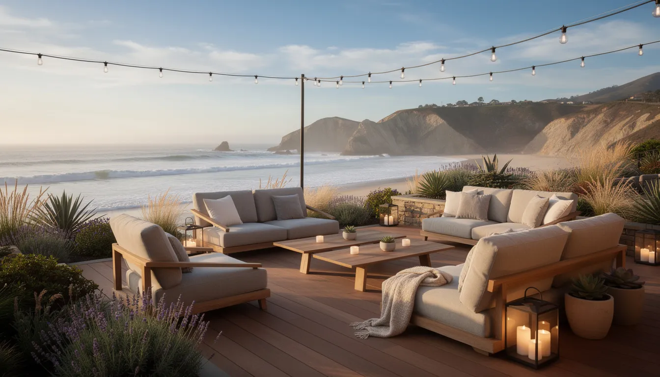 The image depicts a serene California coastal wellness retreat, featuring comfortable outdoor seating surrounded by lush greenery and the calming sound of waves. This peaceful environment is ideal for individuals on their recovery journey, offering a supportive space to address challenges like alcohol withdrawal symptoms and emotional support during the recovery process.