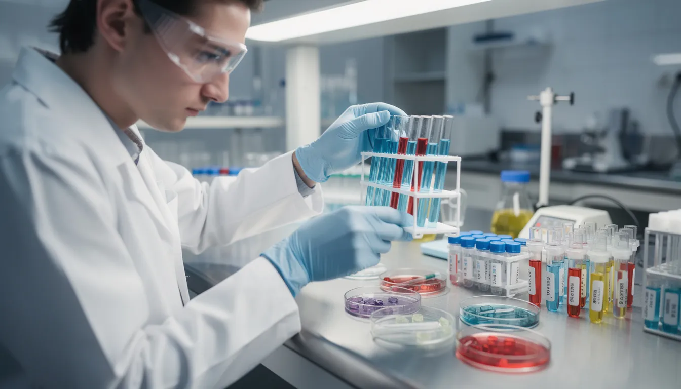 A laboratory scientist is carefully examining various test tubes filled with samples, likely related to urine drug tests. The setting suggests a focus on the detox process and understanding drug use, as the scientist analyzes the presence of substances and metabolites in the samples.