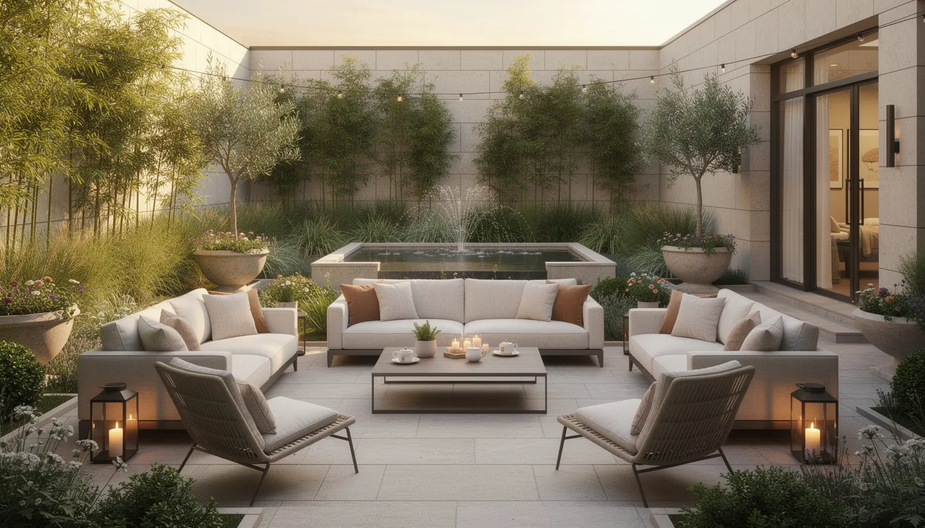 The image depicts a serene courtyard featuring comfortable outdoor seating, designed for relaxation at a luxury treatment facility focused on alcohol addiction treatment. This tranquil setting provides a peaceful environment for individuals experiencing withdrawal symptoms and seeking recovery from alcohol use disorder.