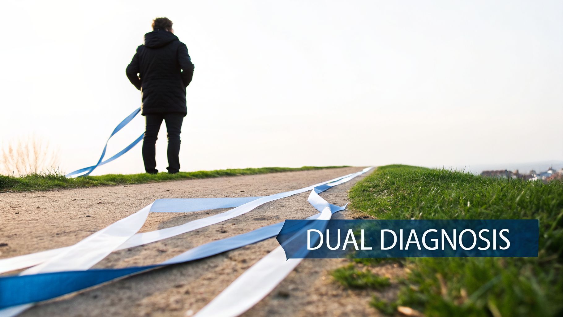 A person walks away on a path with blue and white ribbons trailing, text says 'DUAL DIAGNOSIS'.