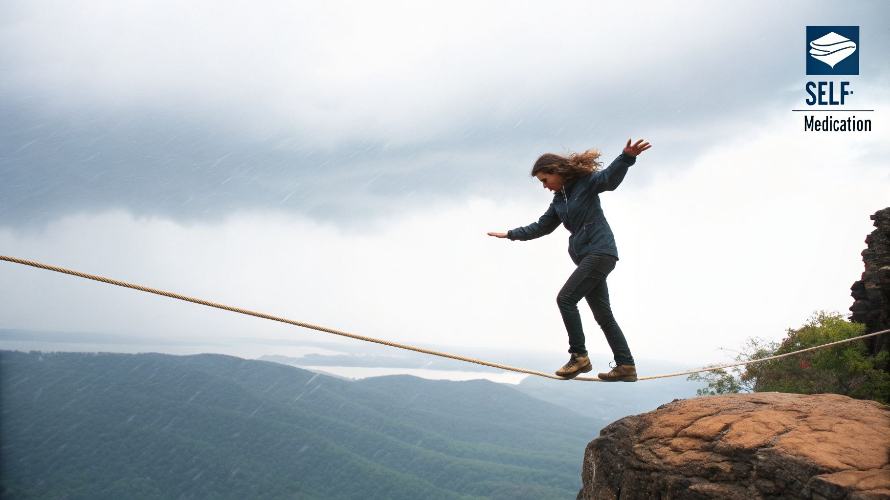 A woman carefully walks a tightrope suspended over a vast mountainous landscape and water.