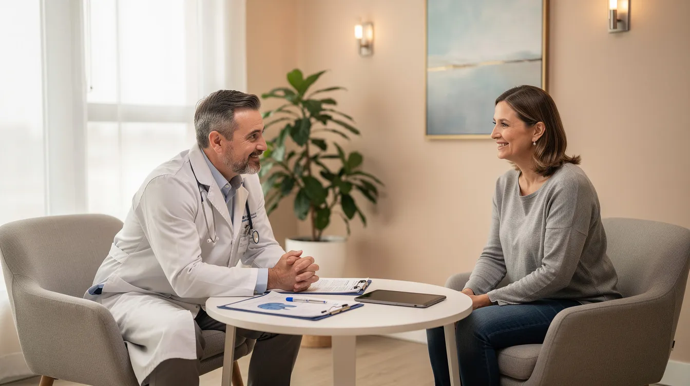 The image depicts a professional healthcare consultation room designed to foster a warm and supportive atmosphere, ideal for mental health treatment and addiction recovery. Comfortable seating and soothing decor create an inviting space for individuals seeking outpatient treatment and comprehensive treatment plans for substance use disorders.