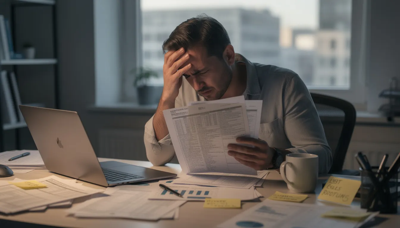 A stressed individual is seated at a desk, surrounded by scattered documents, as they review important papers related to substance use concerns and potential drug tests. The scene reflects the pressure of managing health and mental well-being while contemplating the detox process and the impact of drugs on their overall health.