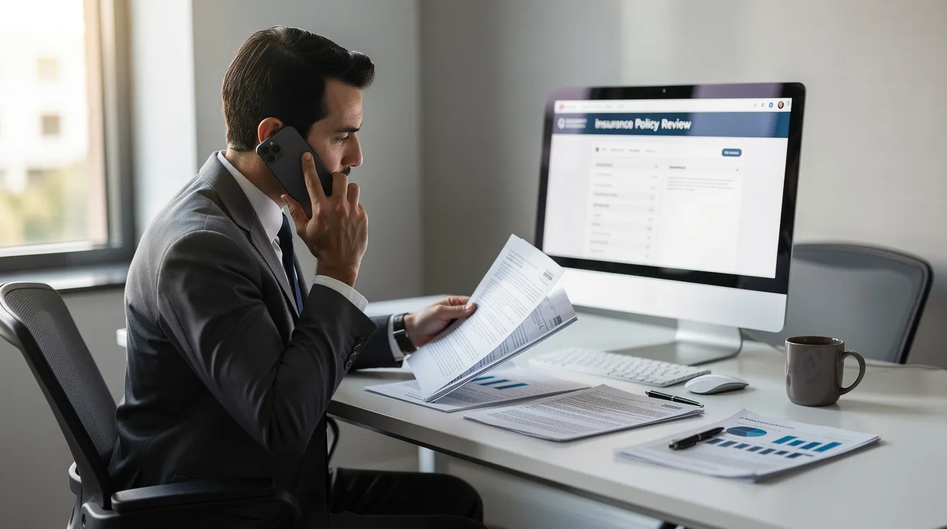 A person is sitting at a desk, reviewing insurance documents while speaking on the phone, likely discussing details related to their addiction treatment coverage and Aetna plans. The scene suggests a focus on understanding benefits and costs associated with treatment services at various rehab centers.