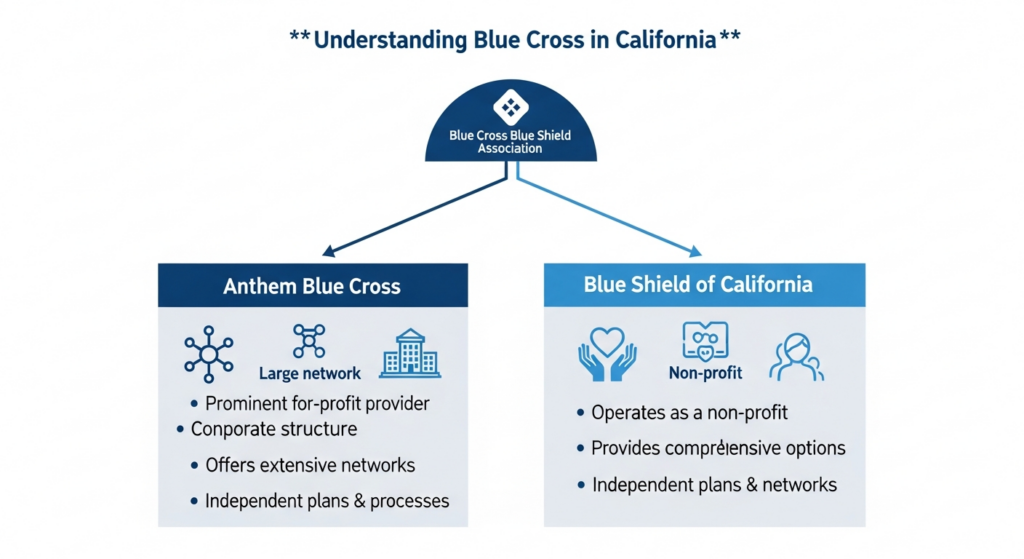 Anthem Blue Cross and Blue Shield of California are separate companies, each with unique plans and networks, though both are part of the national BCBS Association.